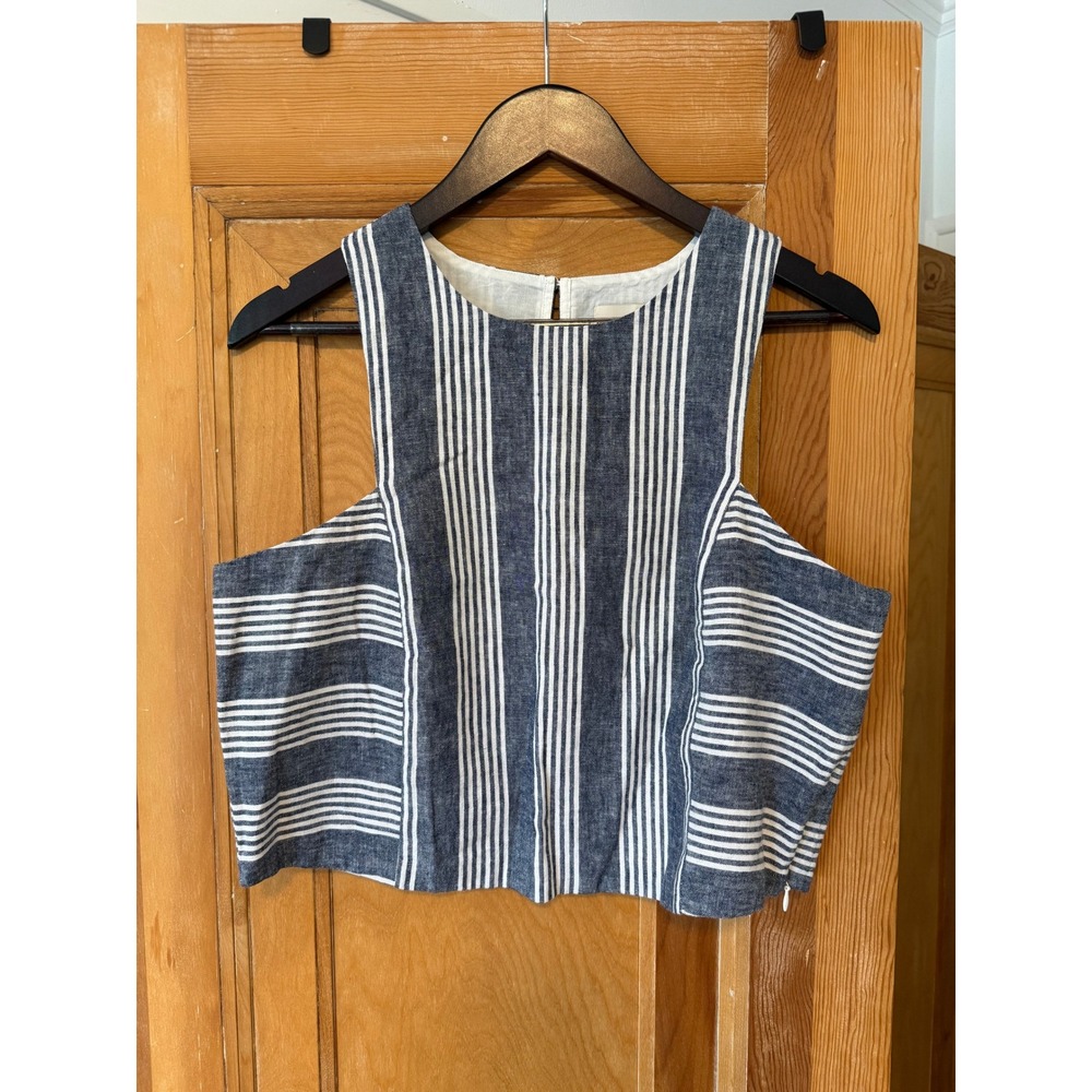 Loft Striped‎ Crop Top Tank Blouse Linen Cotton Blue White Size 12 Boat Neck